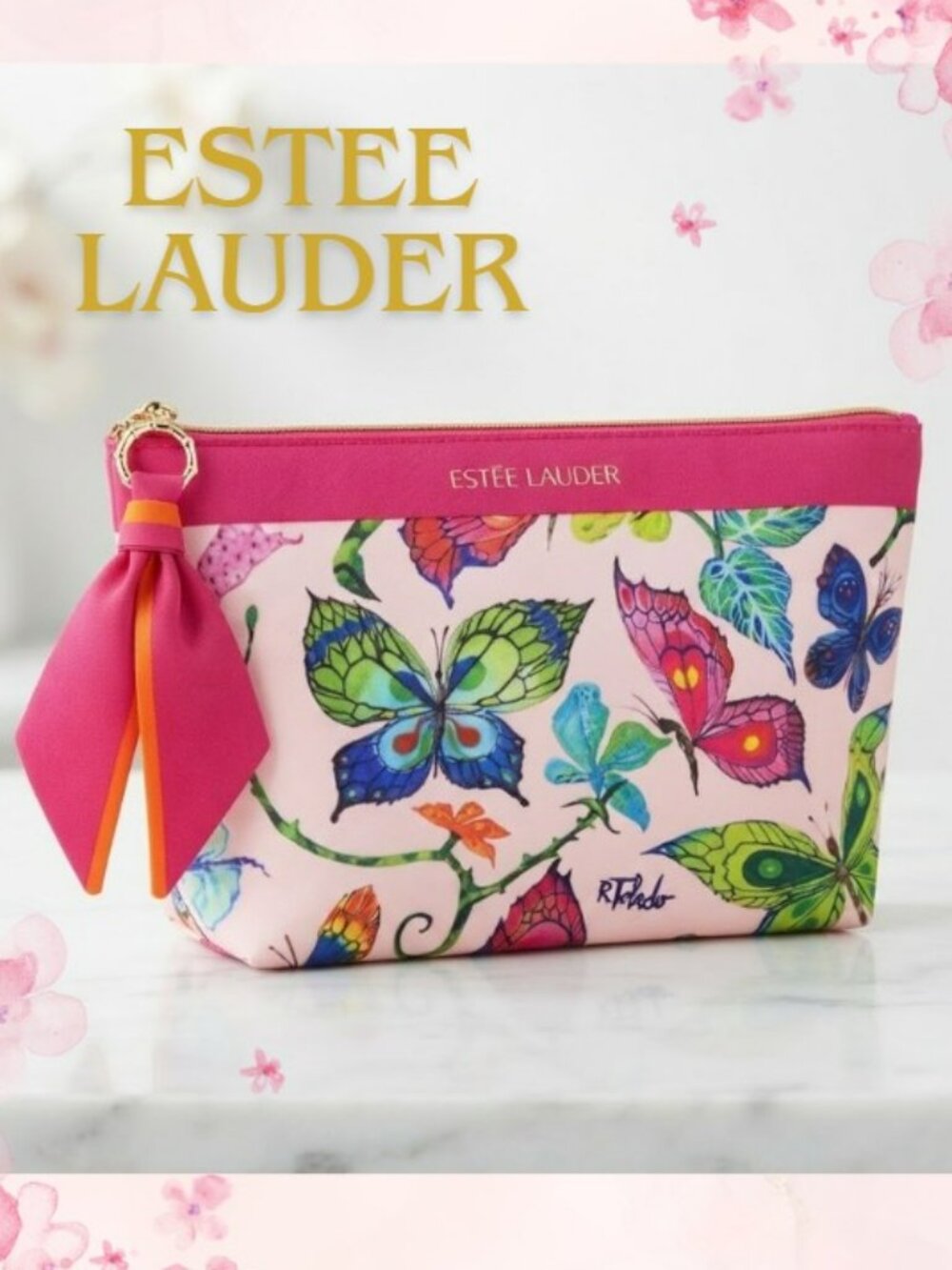 Brand New Estée Lauder Top Zip Cosmetic Case With Bow-tie And Butterfly Print